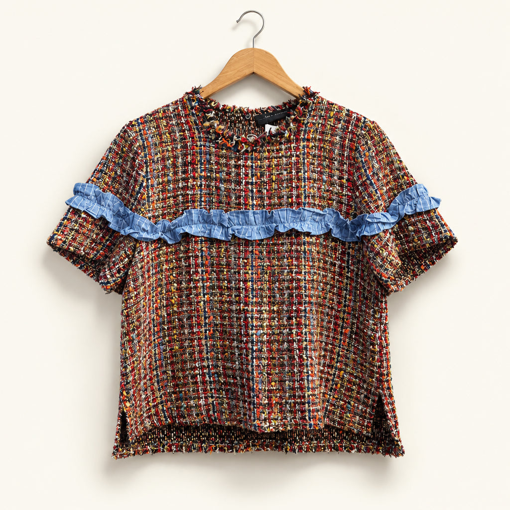Zara Top Short Sleeve Knit Stripe Ruffle Brown/Blue/White/Multi Ladies Size S
