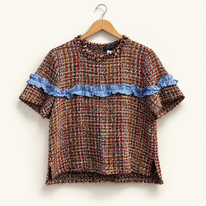 Zara Top Short Sleeve Knit Stripe Ruffle Brown/Blue/White/Multi Ladies Size S