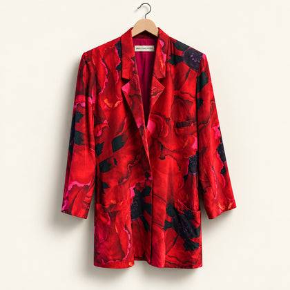 Linda Allard Ellen Tracy Vintage Blazer Jacket Silk Roses Red/Black Size 6