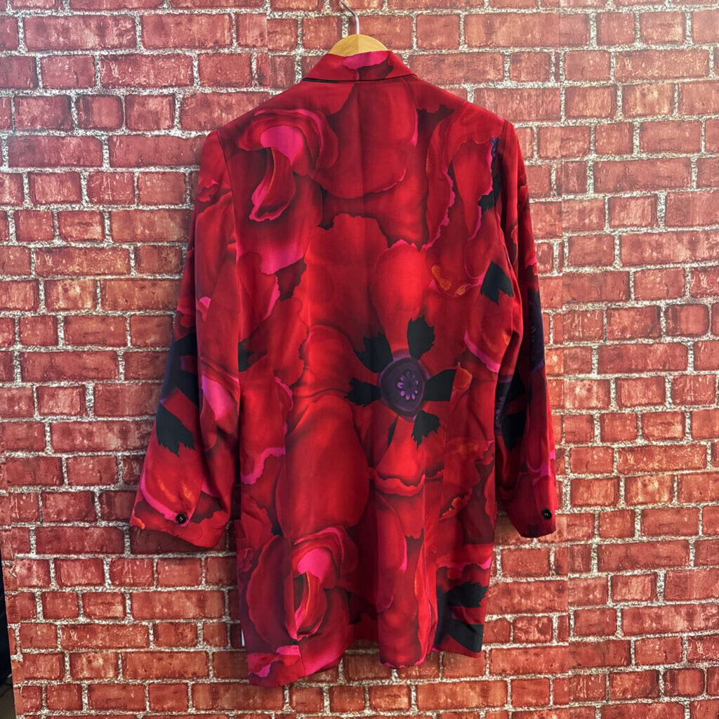 Linda Allard Ellen Tracy Vintage Blazer Jacket Silk Roses Red/Black Size 6