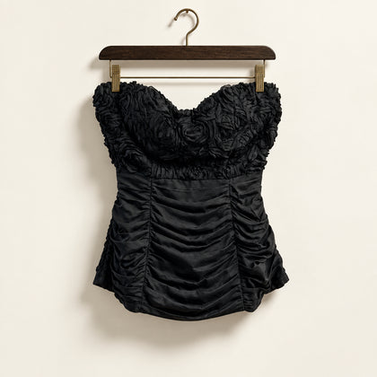 Bebe Halter Top Silk Texture/Tiered Black Size M
