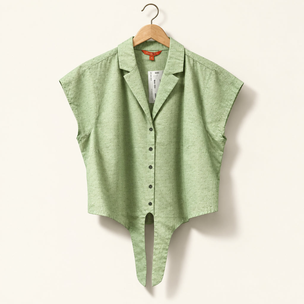 Modcloth Button Up Cap Sleeve Tie Upside Down V Pattern Green Ladies Size L
