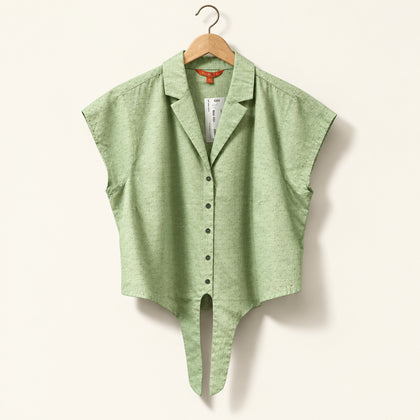 Modcloth Button Up Cap Sleeve Tie Upside Down V Pattern Green Ladies Size L