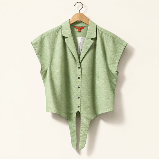 Modcloth Button Up Cap Sleeve Tie Upside Down V Pattern Green Ladies Size L