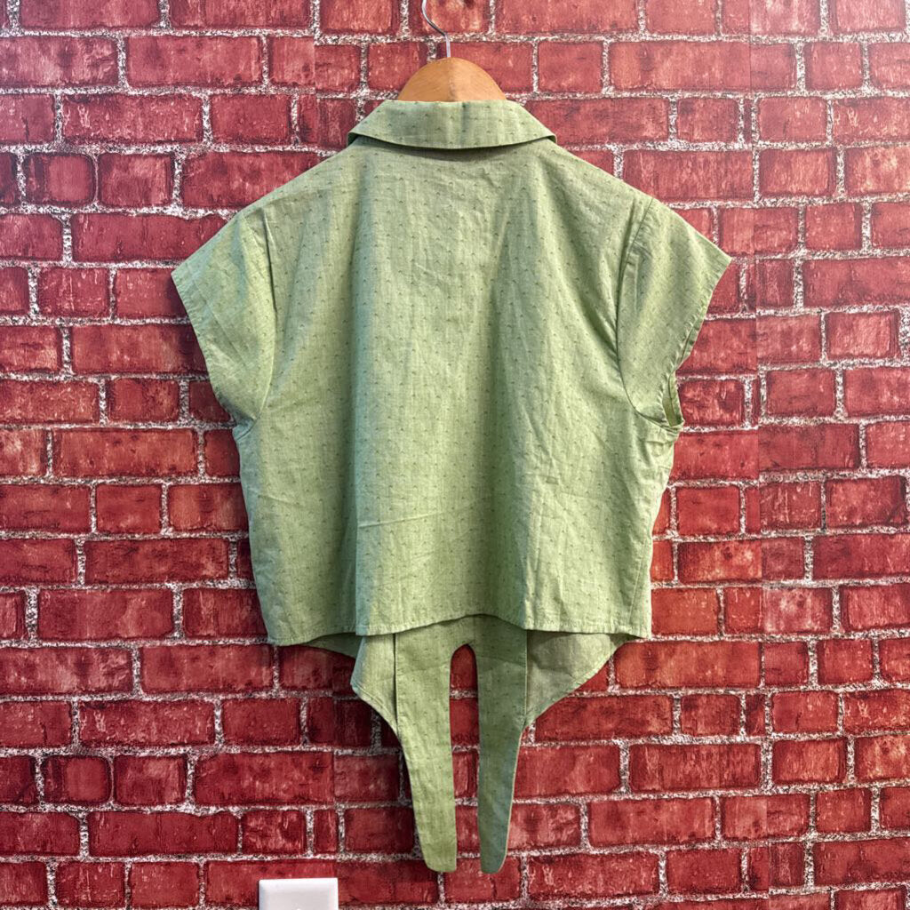 Modcloth Button Up Cap Sleeve Tie Upside Down V Pattern Green Ladies Size L