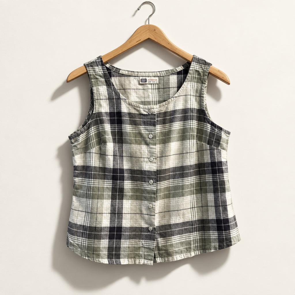 Faded Glory Tank Plaid Button Up Tan/Olive Ladies Size M