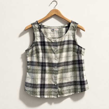Faded Glory Tank Plaid Button Up Tan/Olive Ladies Size M