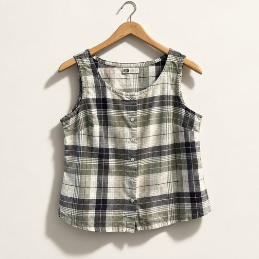 Faded Glory Tank Plaid Button Up Tan/Olive Ladies Size M