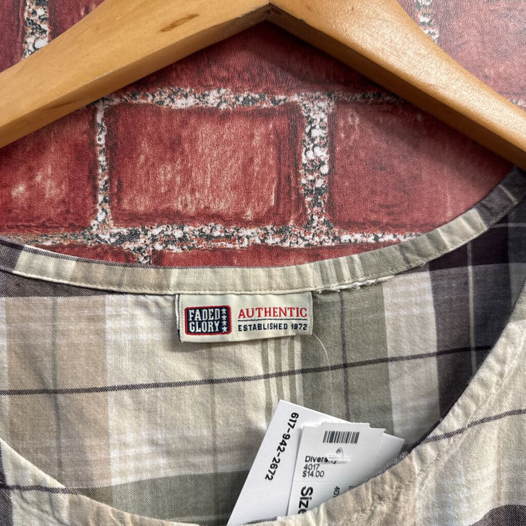 Faded Glory Tank Plaid Button Up Tan/Olive Ladies Size M