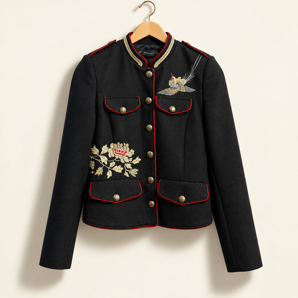 Zara Trafaluc Military-Style Jacket Embroidered Bird and Flowers Black/Red/Gold Ladies Size S