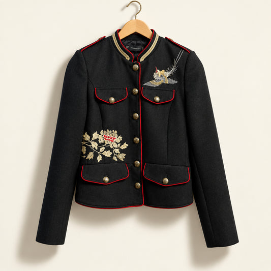 Zara Trafaluc Military-Style Jacket Embroidered Bird and Flowers Black/Red/Gold Ladies Size S
