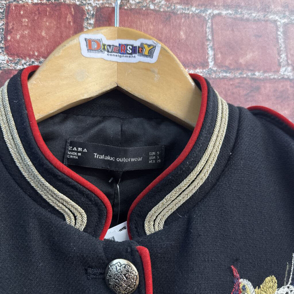 Zara Trafaluc Military-Style Jacket Embroidered Bird and Flowers Black/Red/Gold Ladies Size S