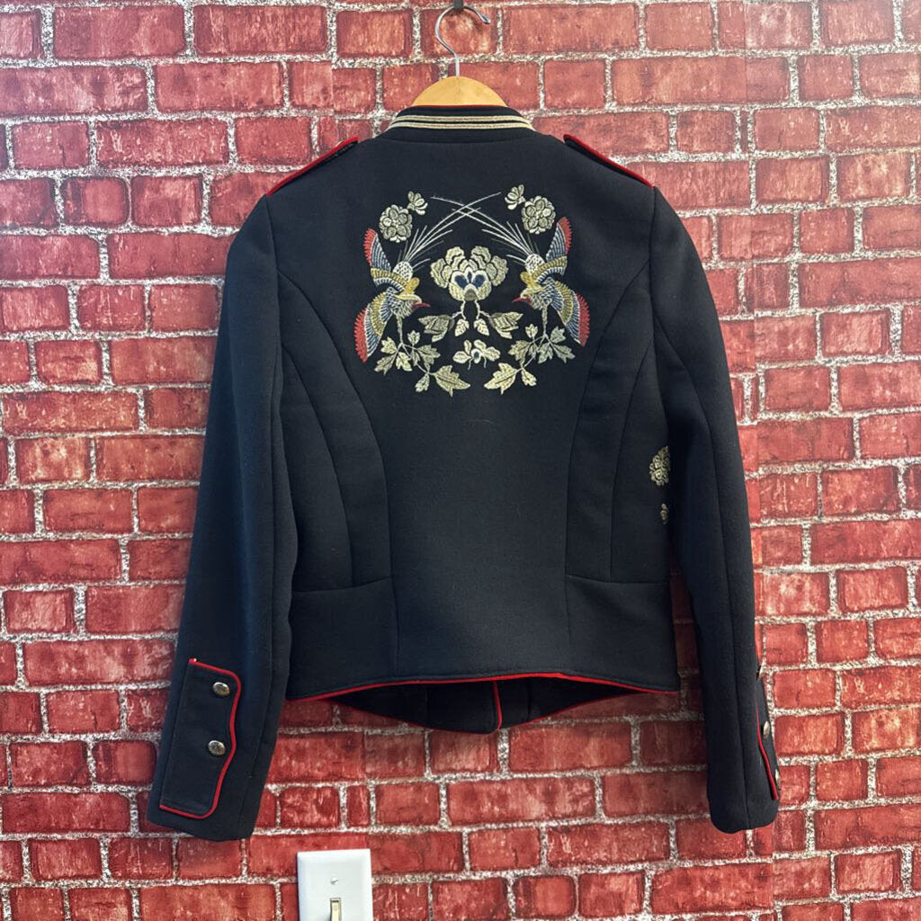 Zara Trafaluc Military-Style Jacket Embroidered Bird and Flowers Black/Red/Gold Ladies Size S