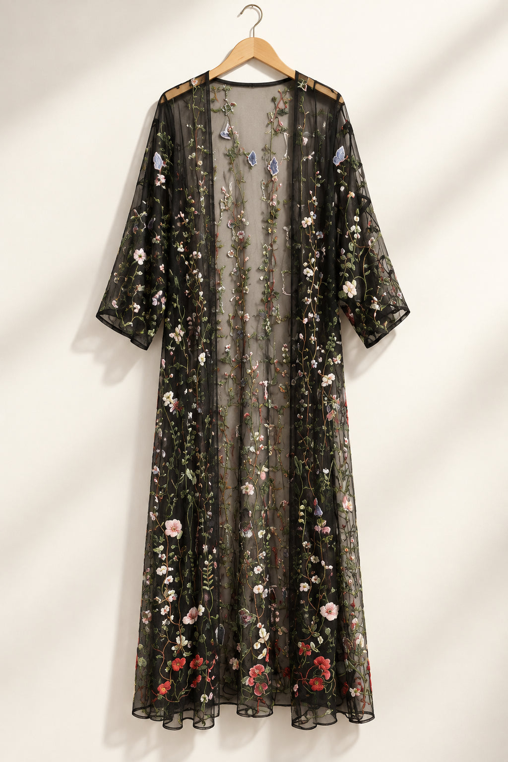 Sheer Cardigan Maxi Length Mesh Floral Embroidered Black/Multi Ladies Size 3XL