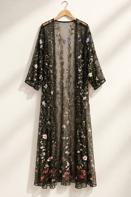 Sheer Cardigan Maxi Length Mesh Floral Embroidered Black/Multi Ladies Size 3XL