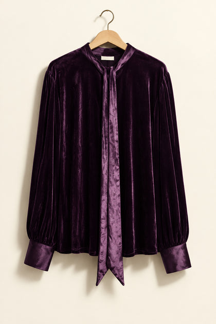 Unique Vintage Blouse Neck Tie Velvet Plum Ladies Size 2X/18