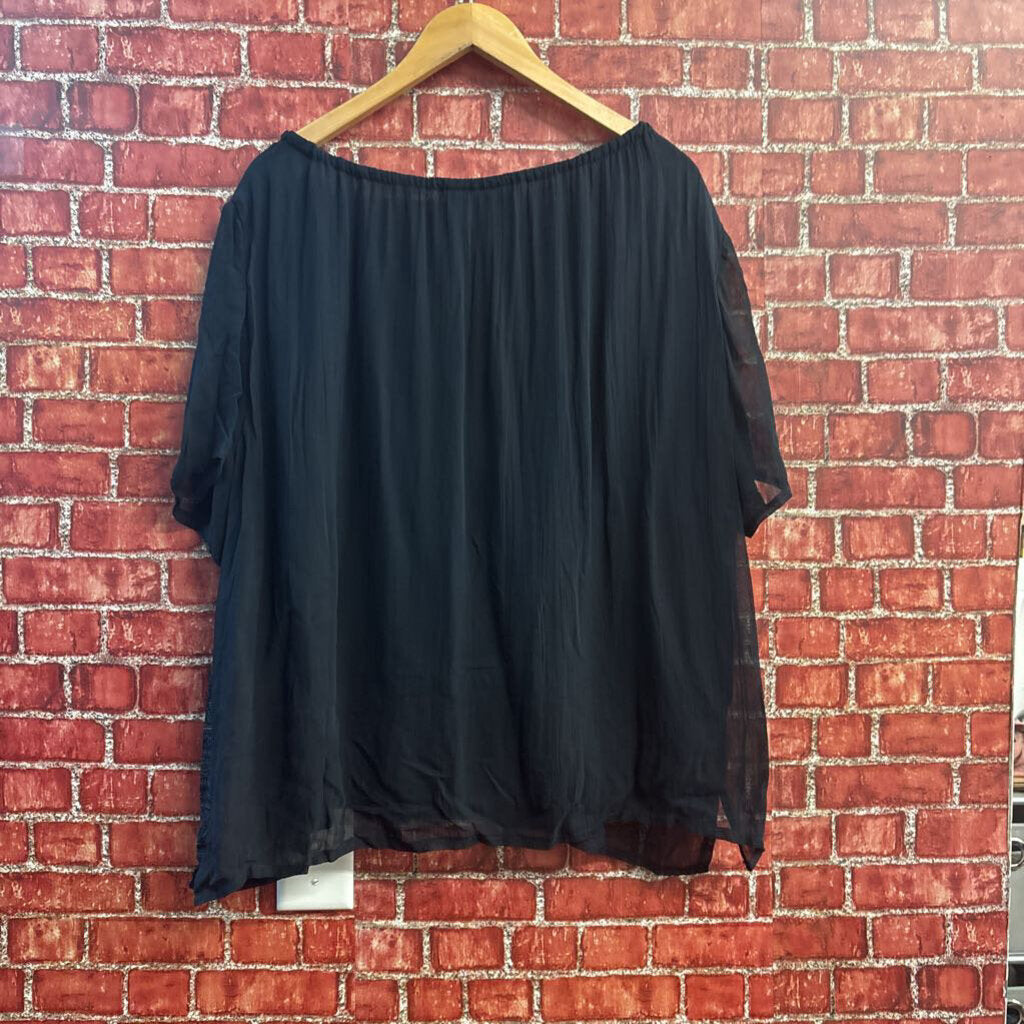 Notations Blouse Short Sleeve Mirror Circle Pattern Rayon Black Ladies Size 2X