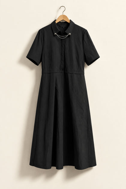 Disturbia Short Sleeve Shirt Dress Midi Wolf Head Collar Chain Black/Silver Ladies Size 16