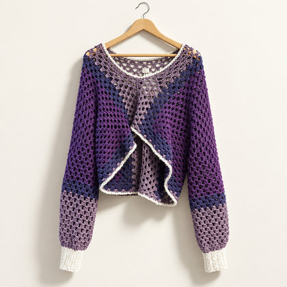 Crochet Sweater Crop Color Block Purple/White Ladies Size XL