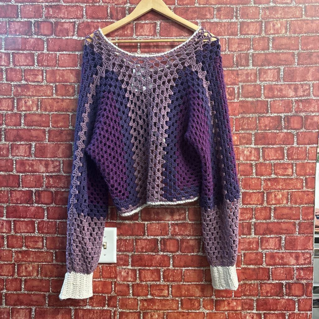 Crochet Sweater Crop Color Block Purple/White Ladies Size XL