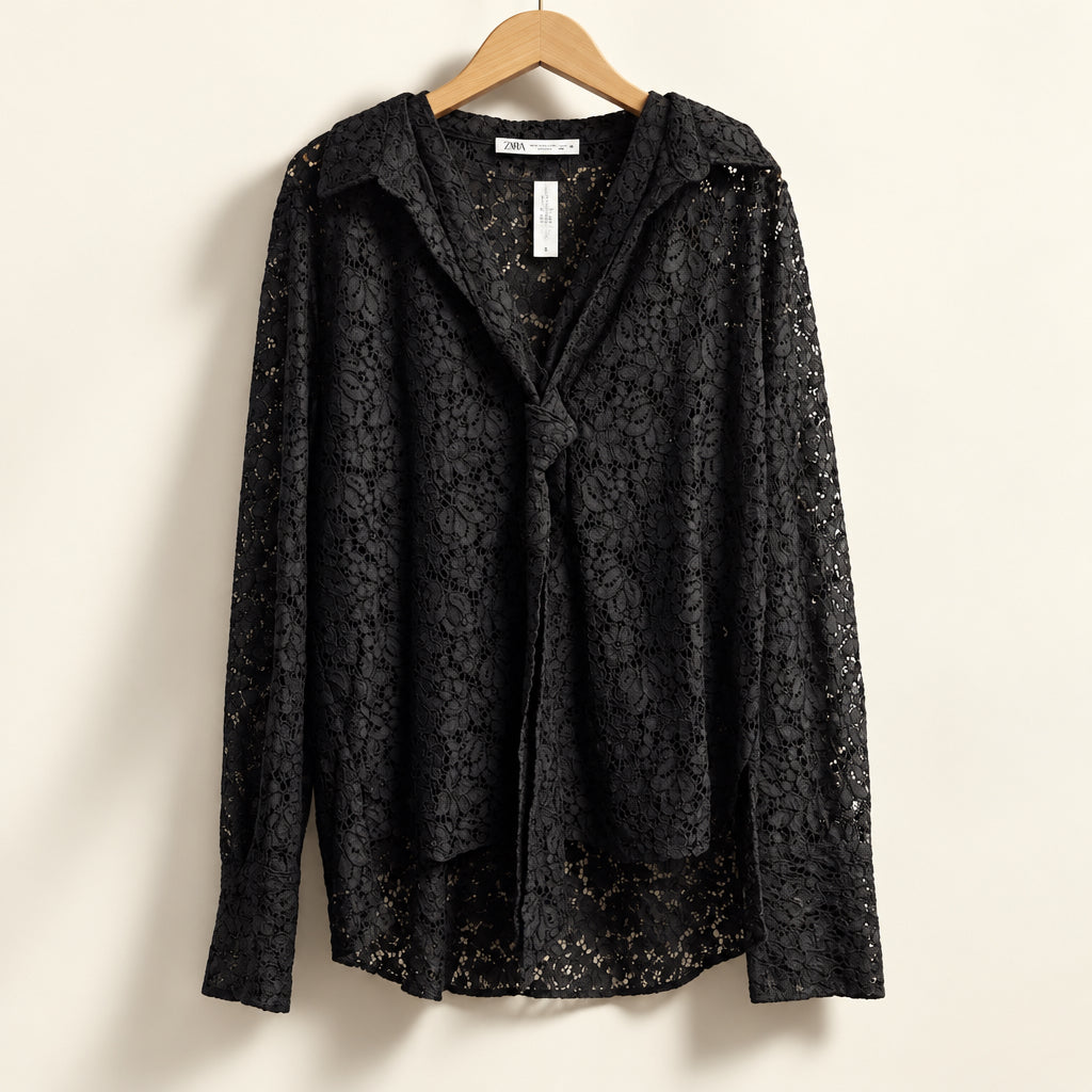 Zara Blouse Neck Tie Lace Floral Black Ladies Size XXL