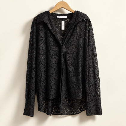 Zara Blouse Neck Tie Lace Floral Black Ladies Size XXL