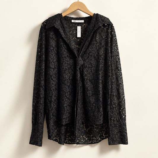 Zara Blouse Neck Tie Lace Floral Black Ladies Size XXL