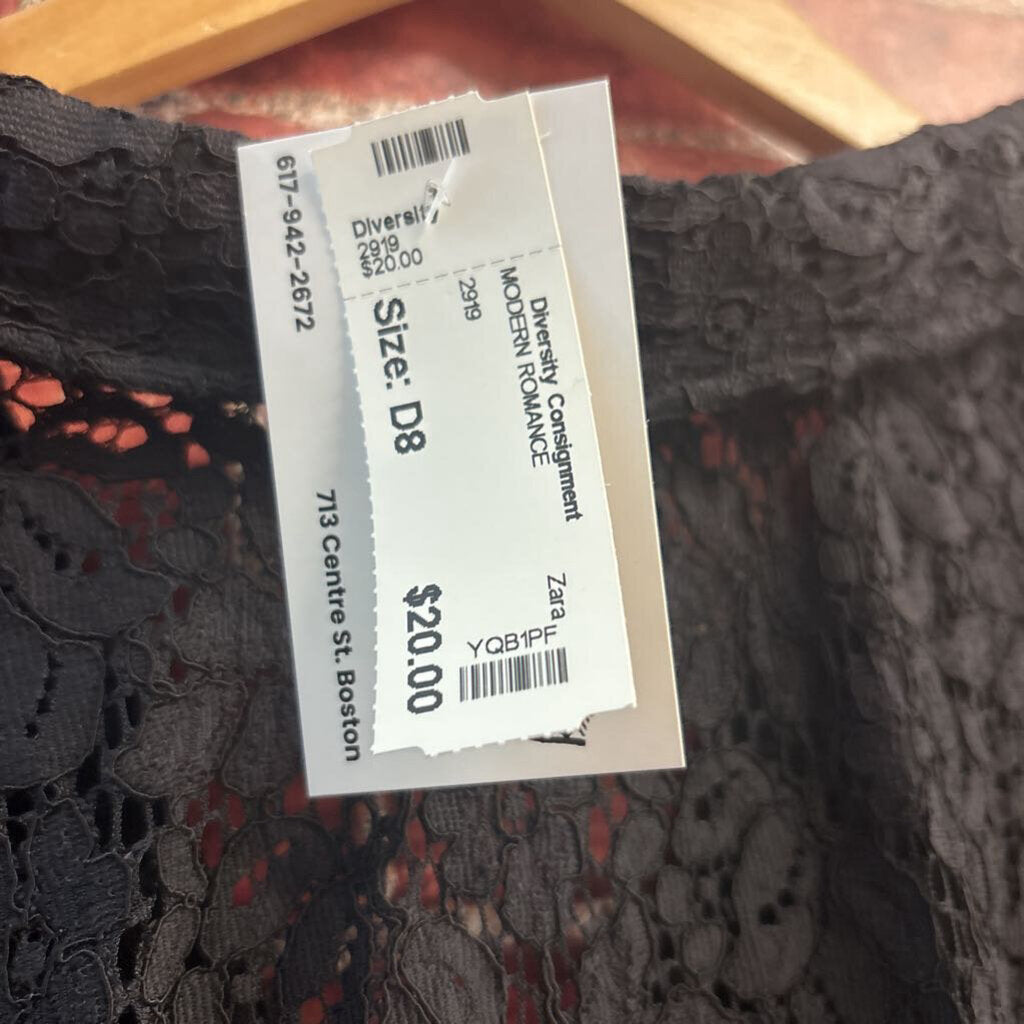 Zara Blouse Neck Tie Lace Floral Black Ladies Size XXL