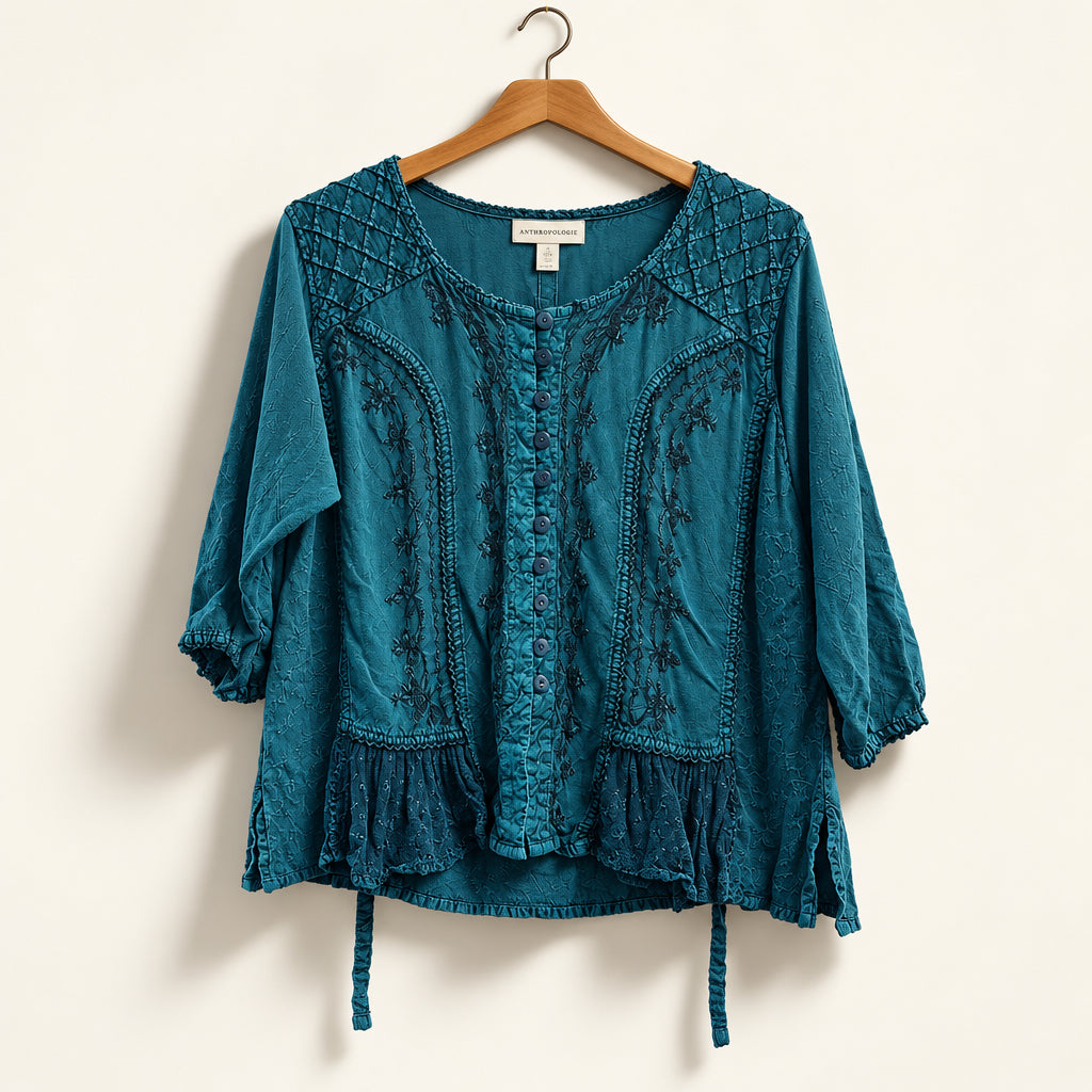 Channa Top Buttons Embroidered Teal Ladies Size Plus Size