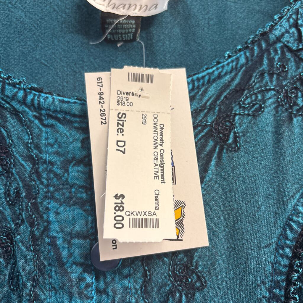 Channa Top Buttons Embroidered Teal Ladies Size Plus Size