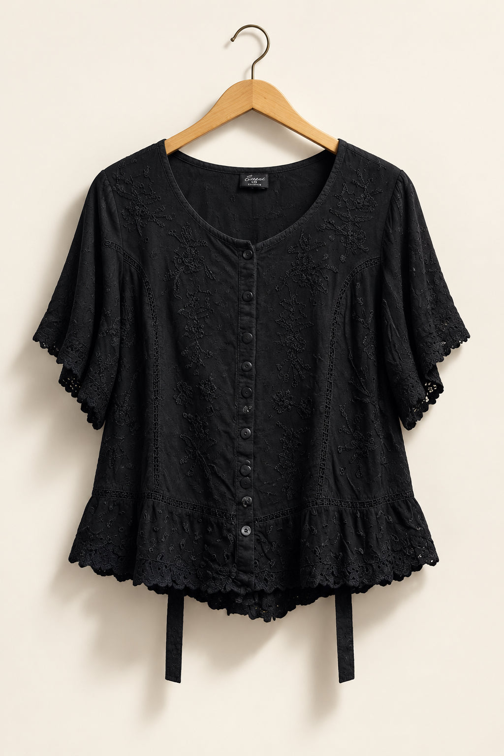 My Choice Top Short Sleeve Buttons Embroidered Black Ladies Size 2X