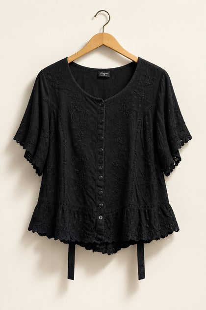 My Choice Top Short Sleeve Buttons Embroidered Black Ladies Size 2X