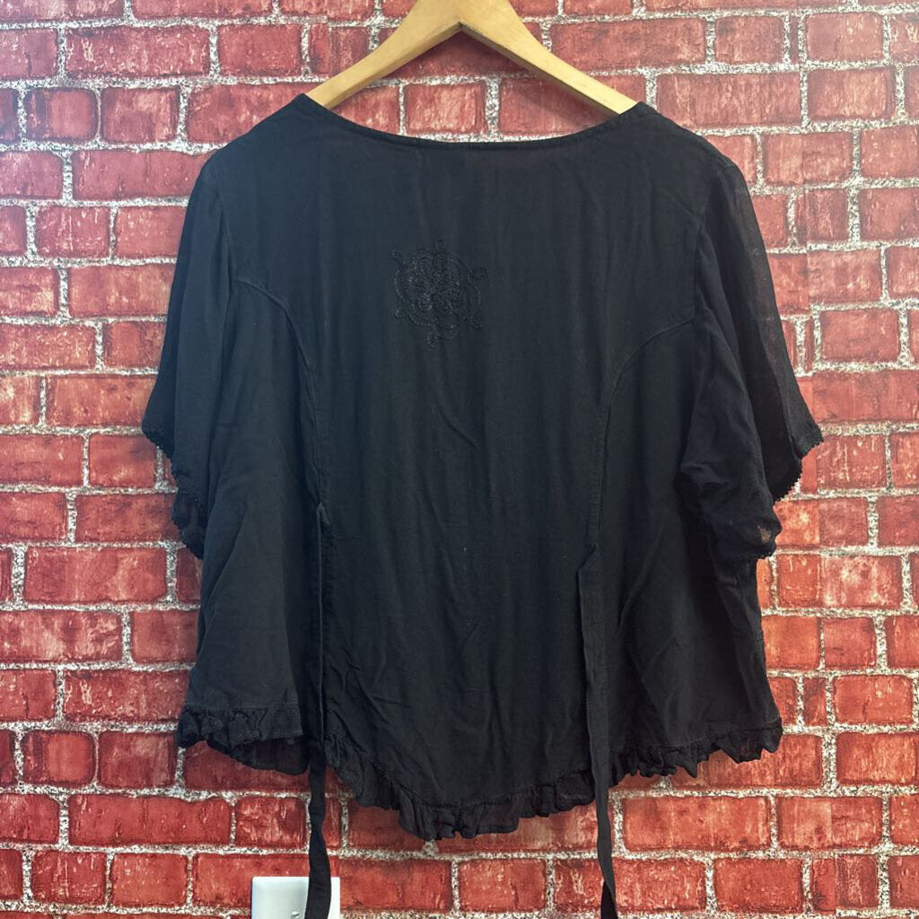 My Choice Top Short Sleeve Buttons Embroidered Black Ladies Size 2X