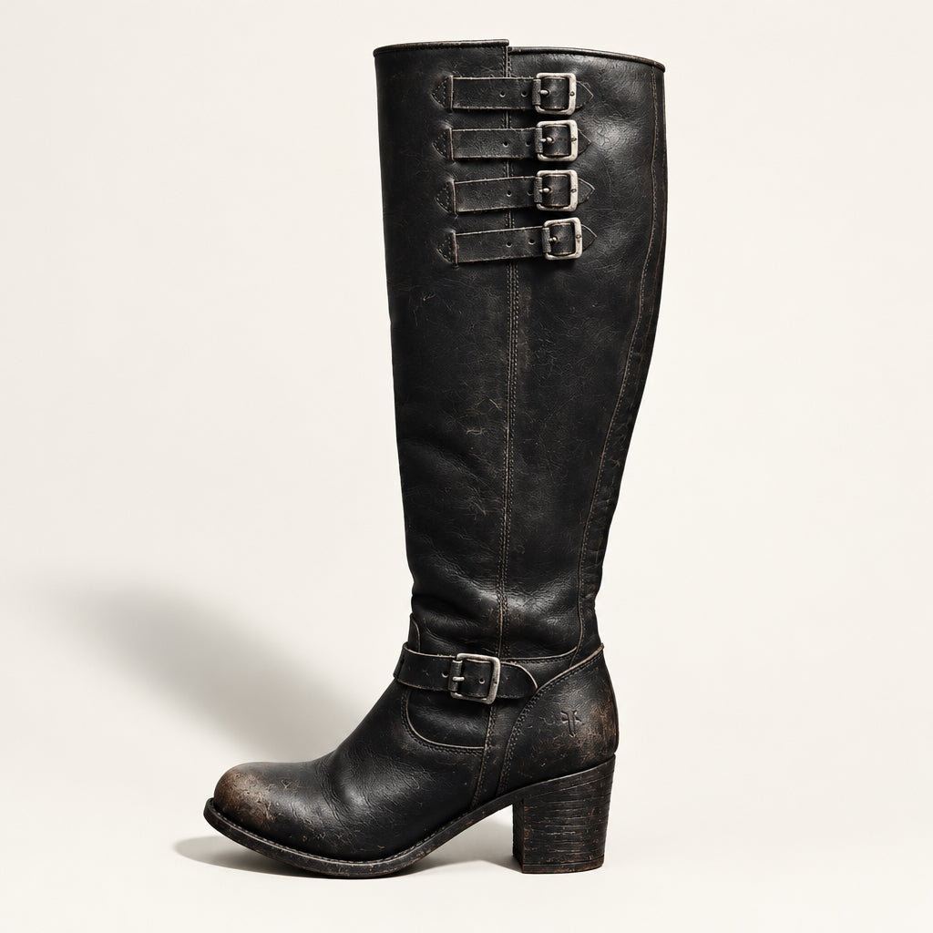 Frye Heeled Tall Boots 4 Buckles Brown Size 7L
