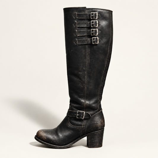 Frye Heeled Tall Boots 4 Buckles Brown Size 7L