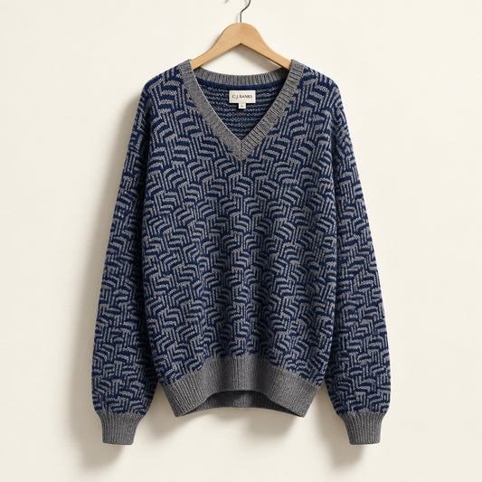 Vintage Hand Knit Abstract Pattern V-Neck Sweater Blue Men’s Size XL