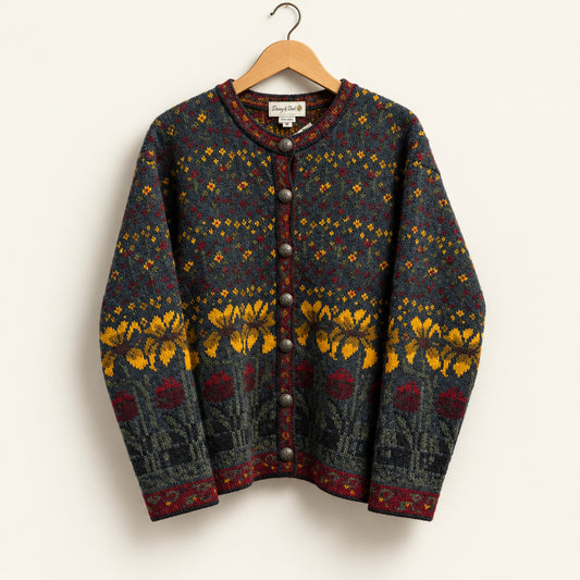 Vintage Cherry Lewis Green Floral Thick Wool Cardigan Sweater Ladies Size L
