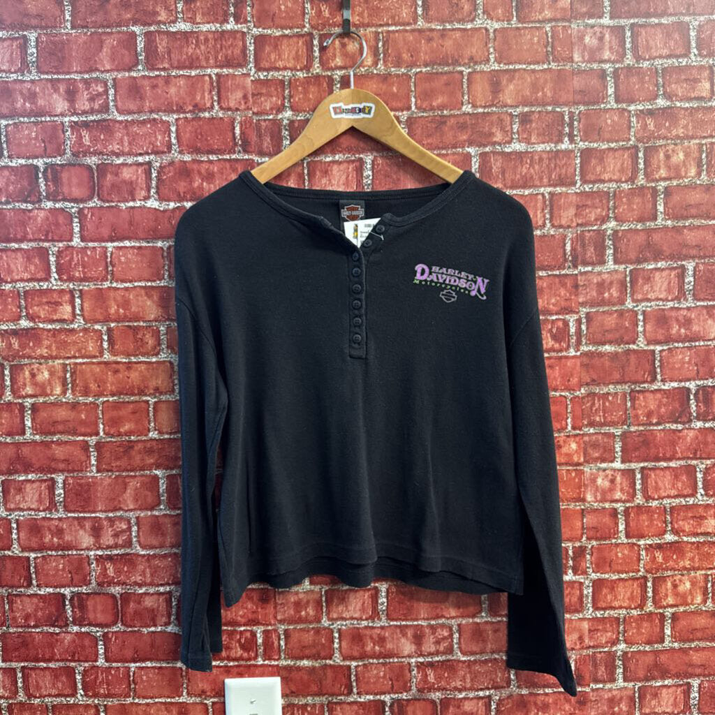 Harley Davidson Long Sleeve Henley With Logo Black/Pink Ladies Size M