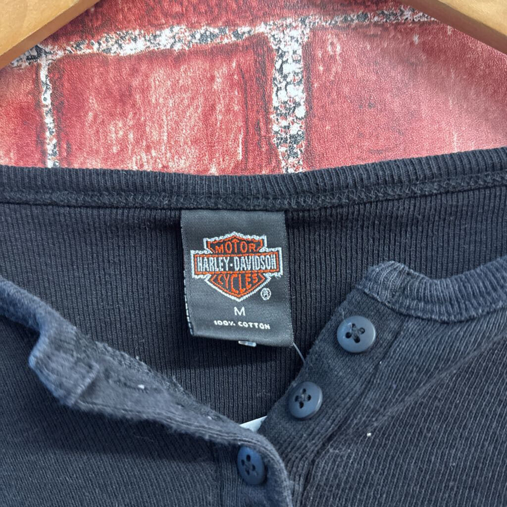 Harley Davidson Long Sleeve Henley With Logo Black/Pink Ladies Size M