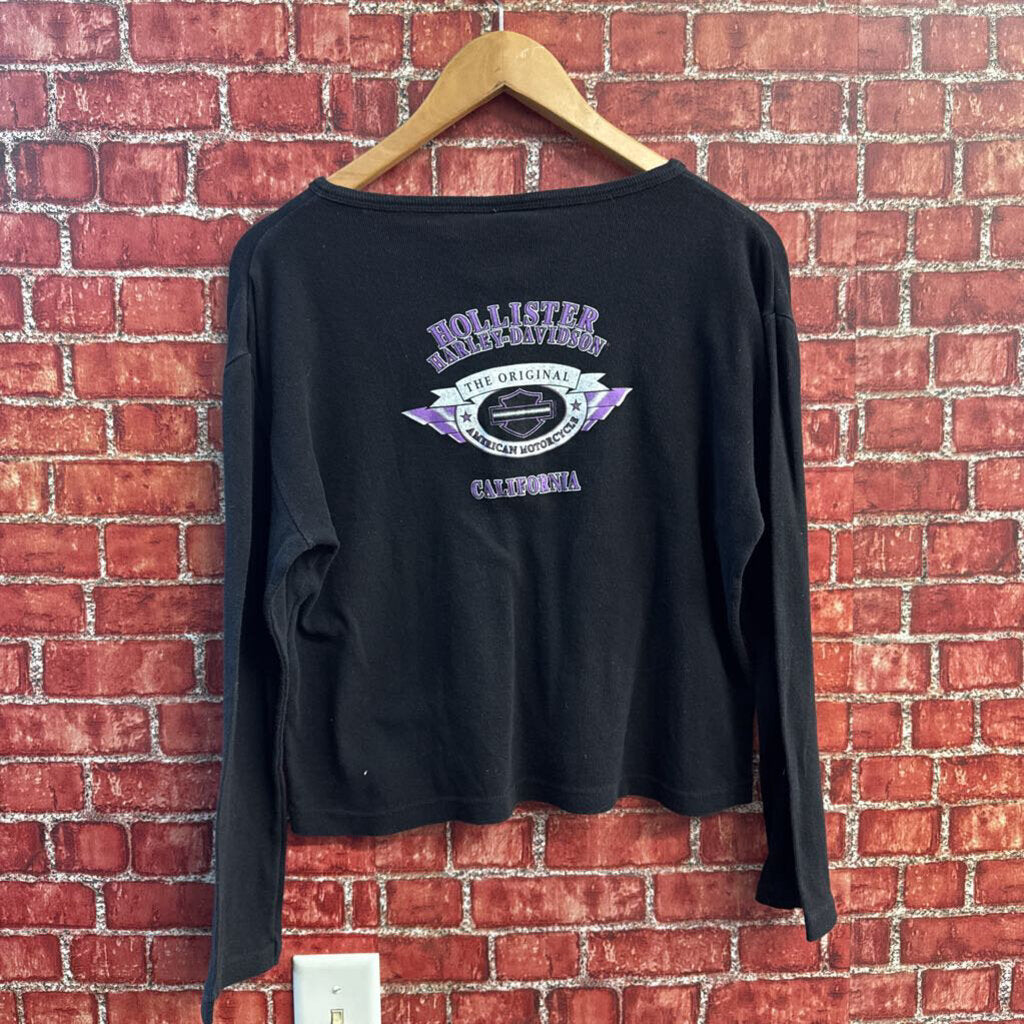 Harley Davidson Long Sleeve Henley With Logo Black/Pink Ladies Size M