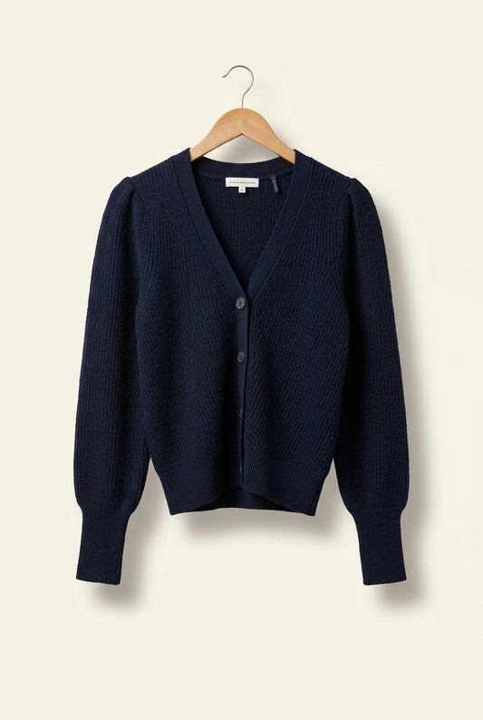 White+Warren Knit Cardigan Sweater Mother of Pearl Buttons Navy Ladies Size S