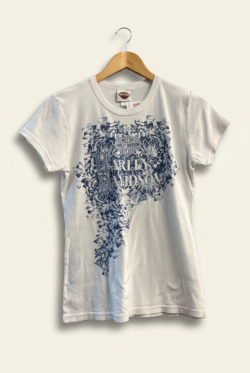 Harley Davidson Floral Bedazzled Graphic T-Shirt White/Blue Ladies Size L