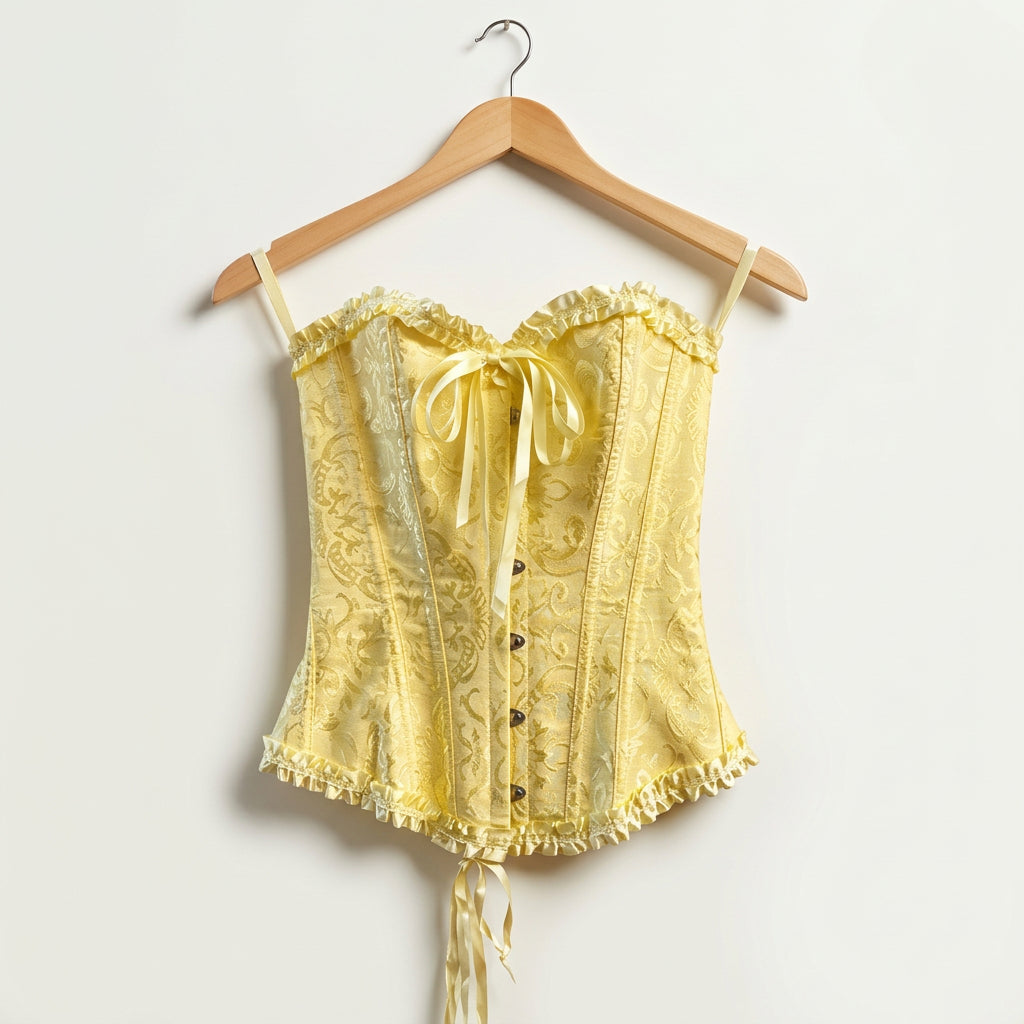 Vrapo Jacquard/Brocade Overbust Corset Top Pastel Yellow Ladies Size M