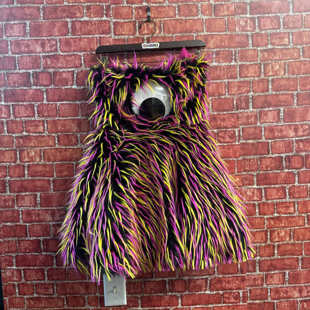Devowevo Eyeball Faux Fur Mini Dress Costume Black/Pink/Yellow Ladies Size XS