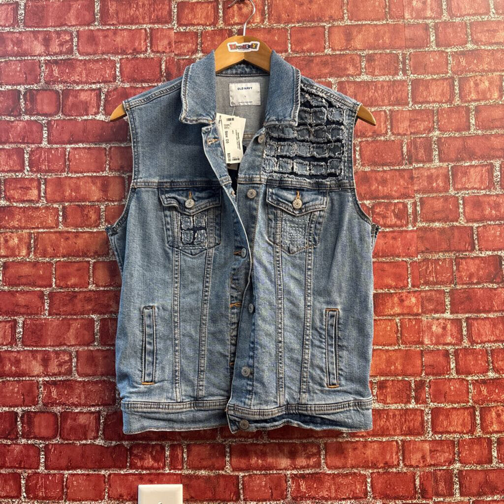 Old Navy Vest Denim Patchwork/Mending Blue/Dark Blue Ladies Size L
