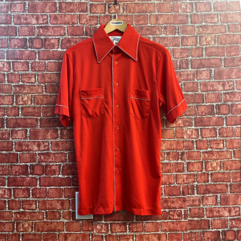 Pierre Foshey Cowboy Shirt Dagger Collar Ric-Rac Mending Bright Red Size M
