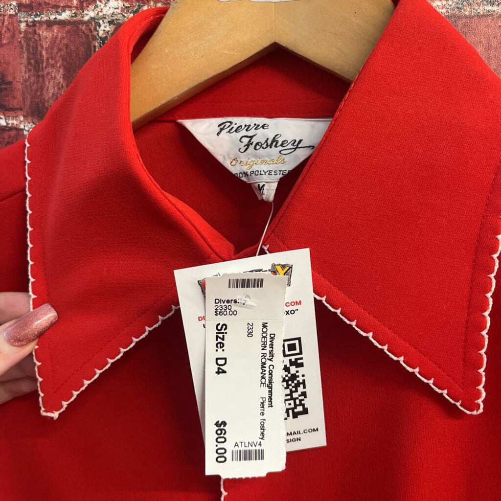 Pierre Foshey Cowboy Shirt Dagger Collar Ric-Rac Mending Bright Red Size M