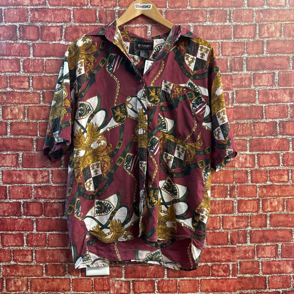 Surprise Button Up Shirt Sleeve Graphic Design Silk Red/GoldBlack/White Size L