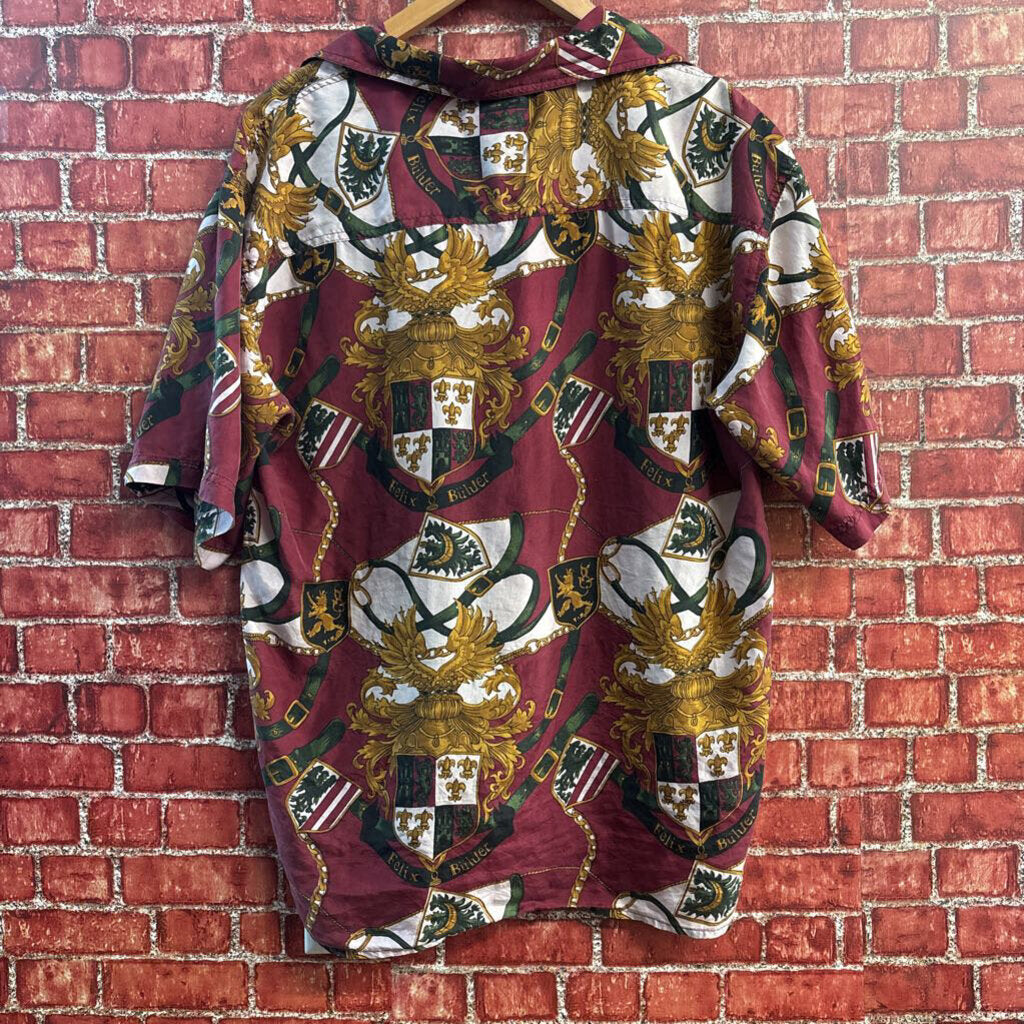 Surprise Button Up Shirt Sleeve Graphic Design Silk Red/GoldBlack/White Size L