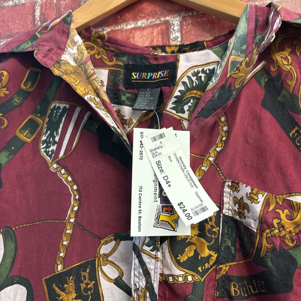 Surprise Button Up Shirt Sleeve Graphic Design Silk Red/GoldBlack/White Size L